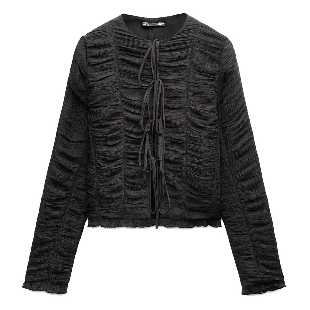 Zara tulle rushed Black Long Sleeve Top with ties XS